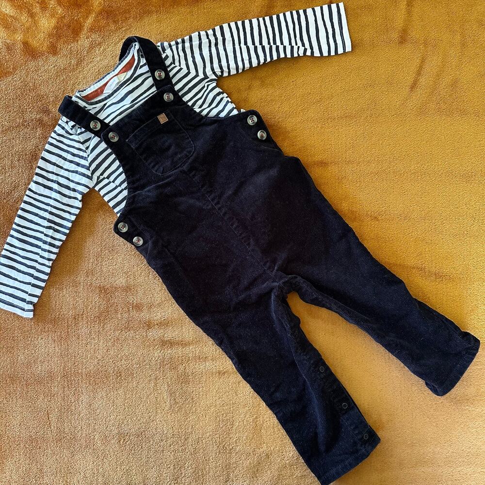 John Lewis 12-18 Months Boys Black Corduroy Overalls w Black White Striped Shirt